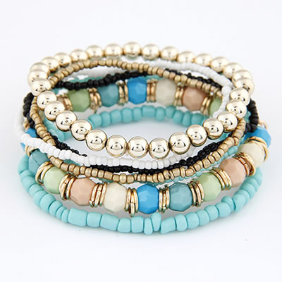 Mix Color Beads Multilayerd Bracelet Blue Tone